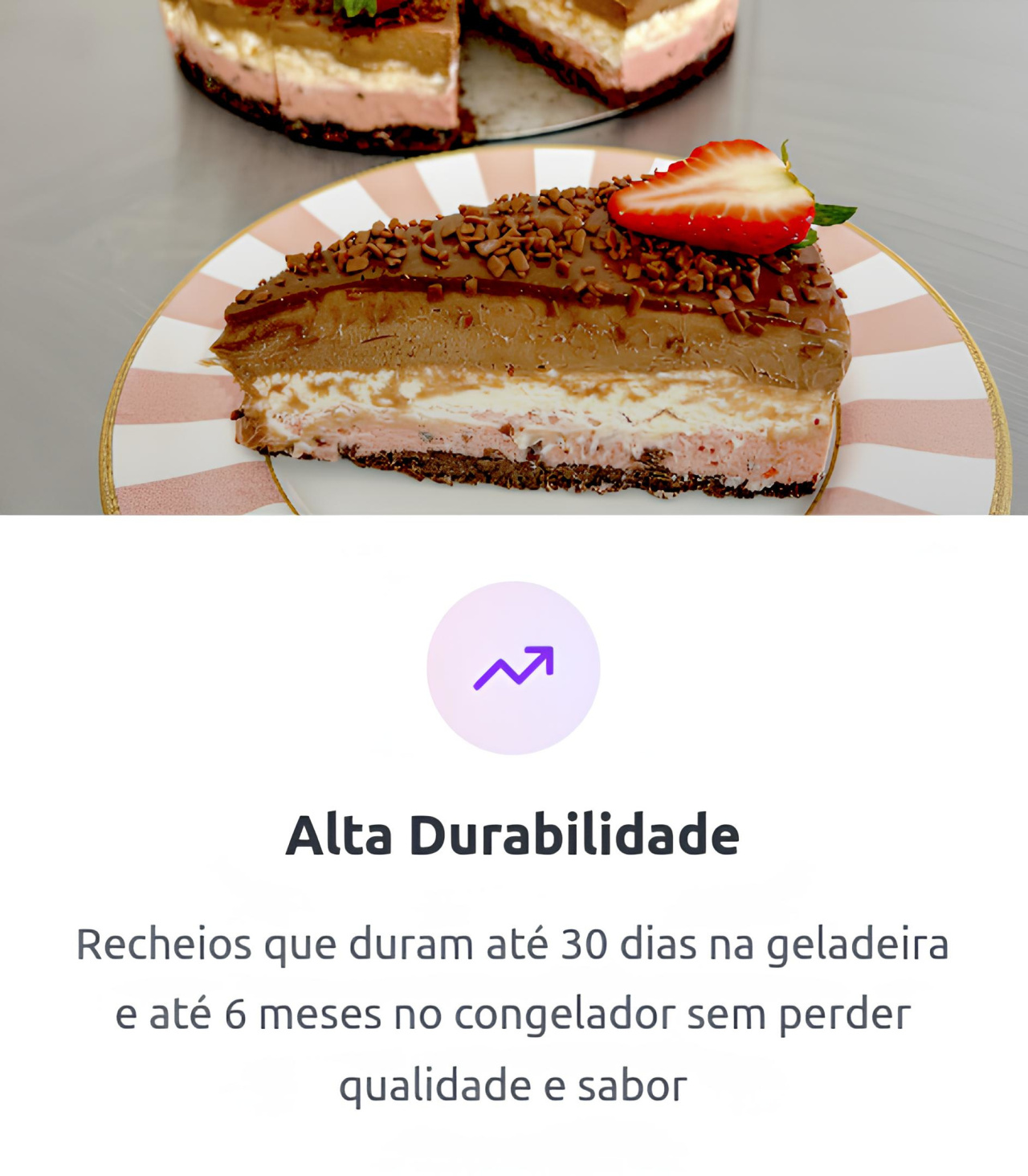 "Alta Durabilidade  Recheios que duram até 30 dias na geladeira e até 6 meses no congelador sem perder qualidade e sabor"
