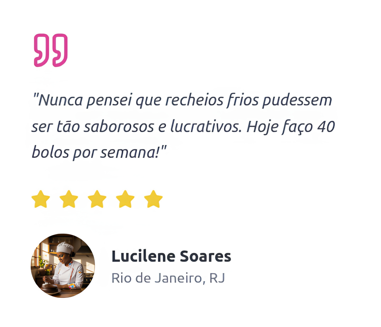 "Nunca pensei que recheios frios pudessem ser tão saborosos e lucrativos. Hoje faço 40 bolos por semana!"  Lucilene Soares Rio de Janeiro, RJ